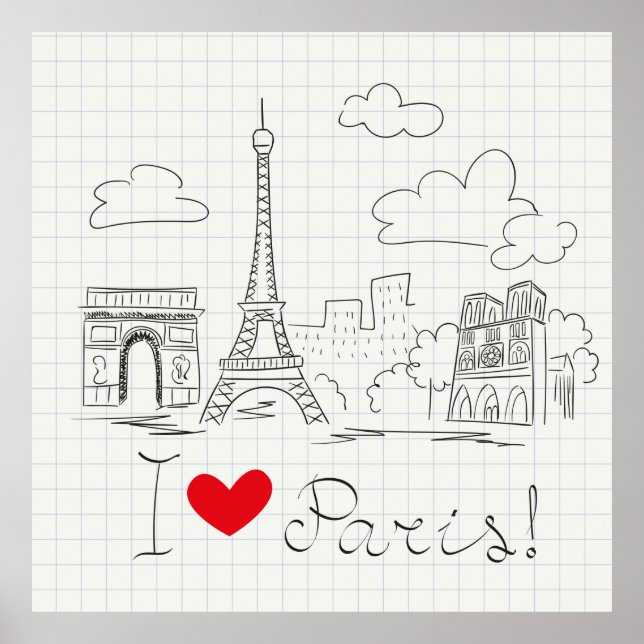 Poster I love Paris cool sketch illustration (Frente)