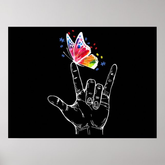 Poster I Love You Hand Sign Language Butterfly Autism (Frente)