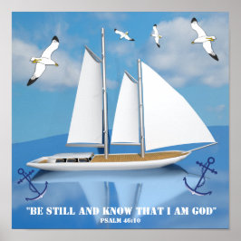 Poster Iate à vela em água calma com gaivotas em alta alt