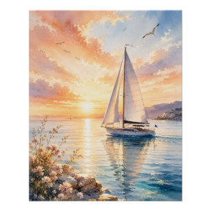 Pôster Iate de Luxo ao Nascer do Sol Aquarela