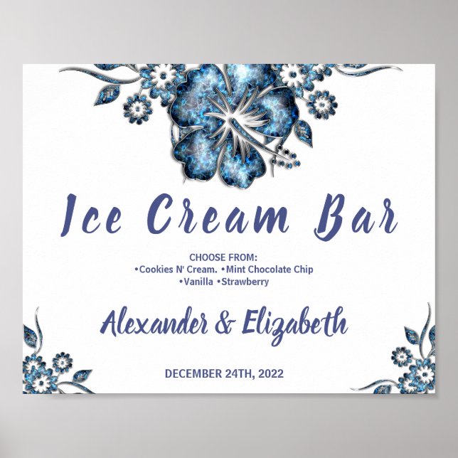 Poster Ice Cream Bar Bridal Shower Wedding Blue Sign (Frente)
