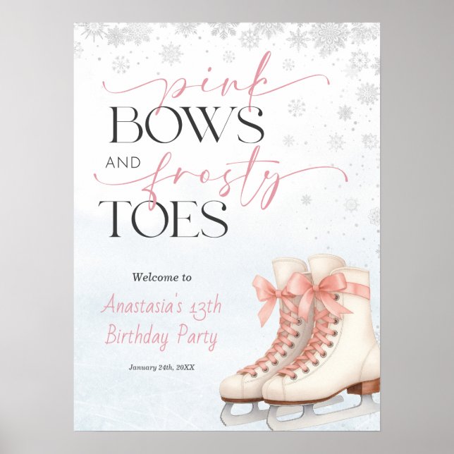 Poster Ice Skating Teen Birthday Welcome Sign - Pink Bow (Frente)