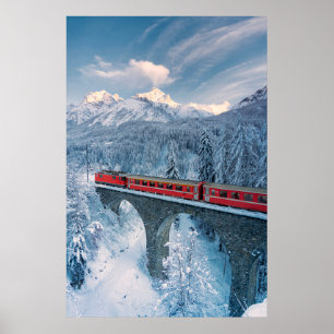 Poster Ice & Snow Red Bernina Express Train Switzerland