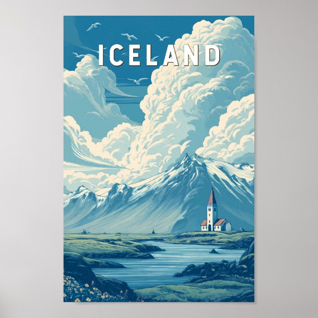 Poster Iceland Illustration Travel Art Vintage (Frente)