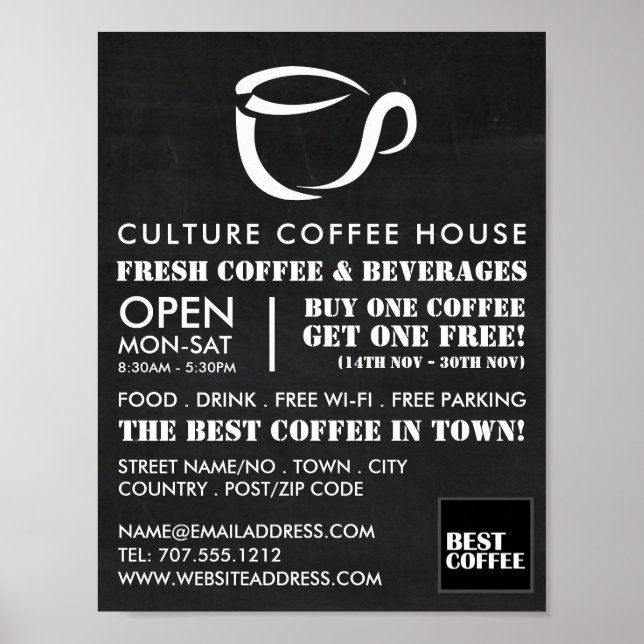 Poster Ícone Chalkboard Mug, Barista, Café, Coffeehouse (Frente)