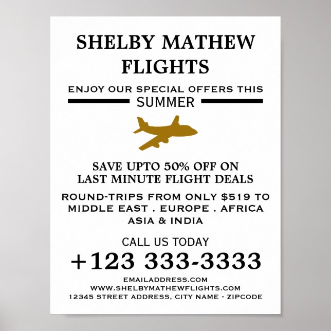 Poster Ícone de avião Dourado, Publicidade de linha aérea (Frente)