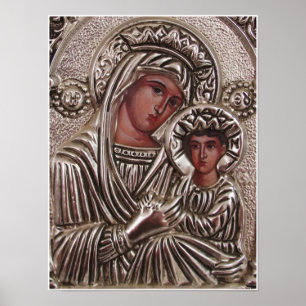 Poster Ícone Mãe e Filho, Madona e Jesus em prata