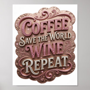 Poster Ícone Rosa CAFÉ SALVE O MUNDO VINHO REPITA v2
