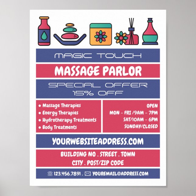 Poster Ícones de massagem, terapia de massagem, salão de  (Frente)