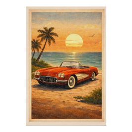 Pôster Iconic Red Convertible Beach Sunset Retro Travel 