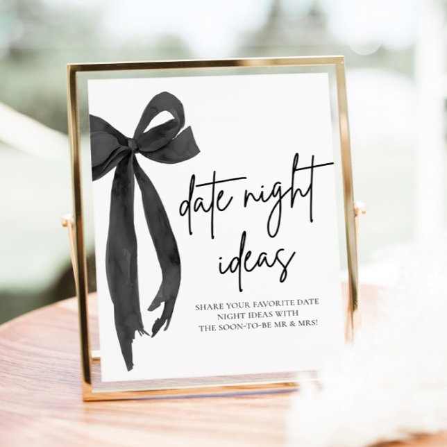 Poster Ideias Modernas de Jantar de Noite para Noiva com  (Modern Black Bow Bridal Date Night Ideas Game Sign)