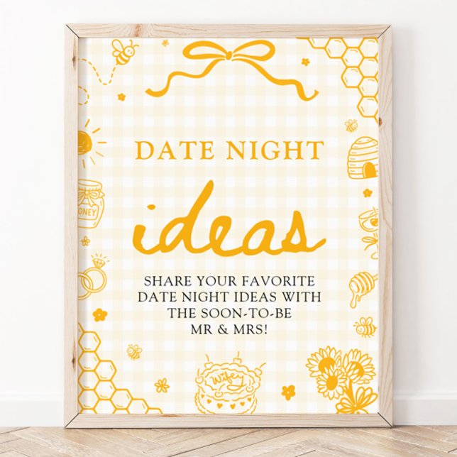 Poster Ideias Modernas de Noite de Encontro com Ginga Ama (Modern Yellow Gingham Honey Bee Date Night Ideas Game Sign)
