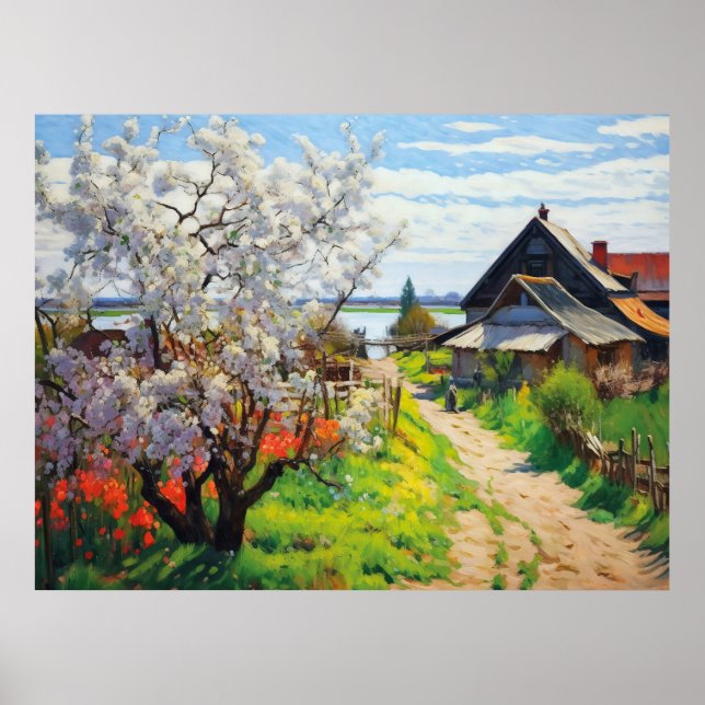 Poster Idílica Fazenda de Primavera Flores de Cerejeira e (Frente)