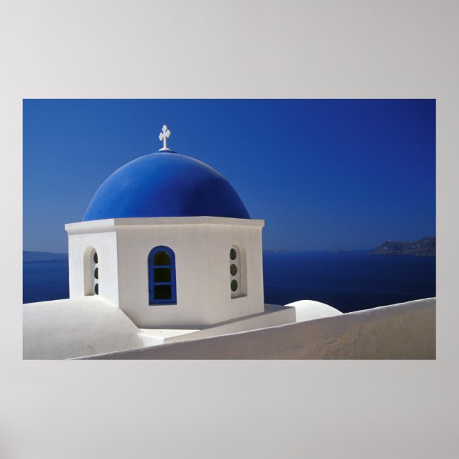 Poster Igreja Branca com Domo Azul, Santorini (Frente)
