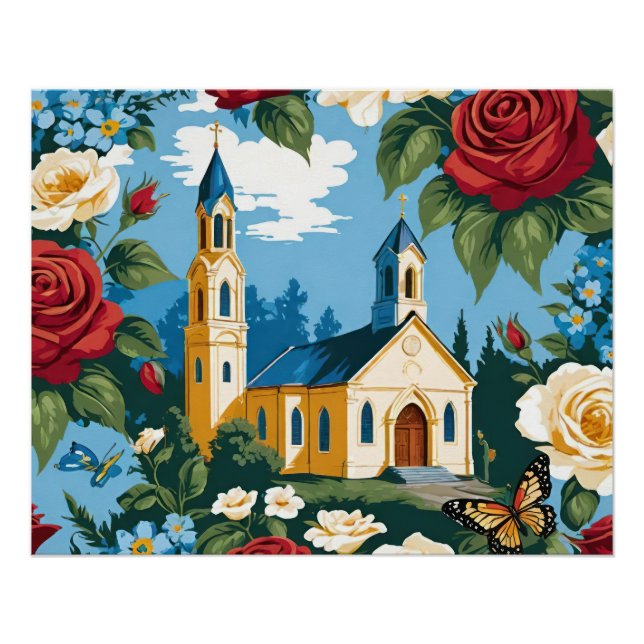 Pôster Igreja Com Rosas E Borboleta (Frente)