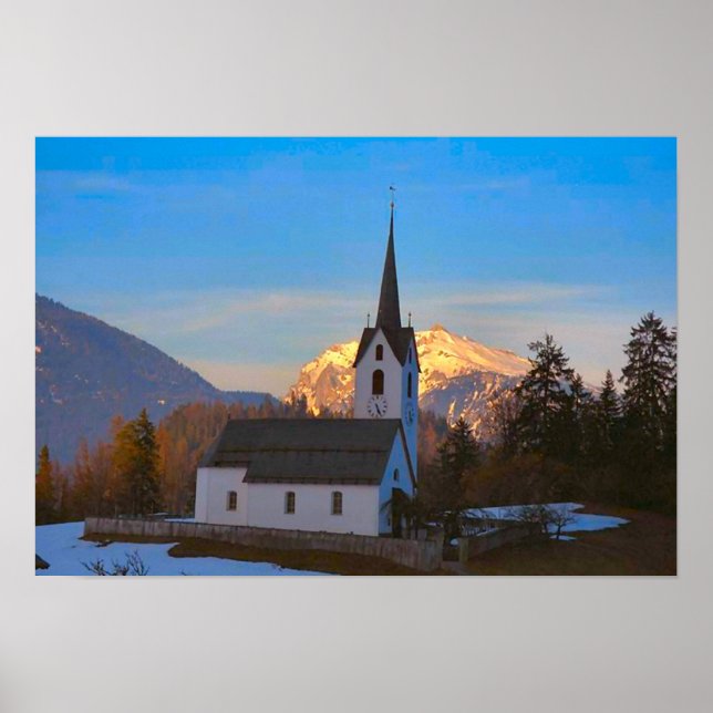 Pôster Igreja da aldeia nas montanhas (Frente)
