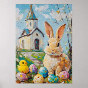 Poster Igreja felz pascoa de pintura de Pintinho coelho