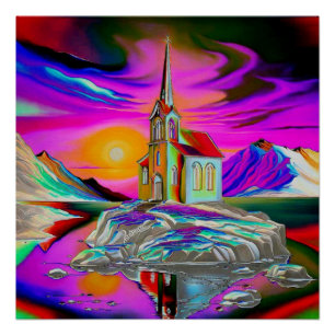 Pôster Igreja na paisagem psicodélica 1