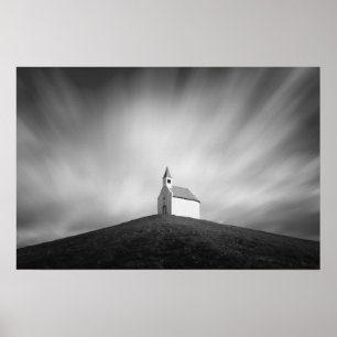 Poster Igreja numa colina em preto e branco