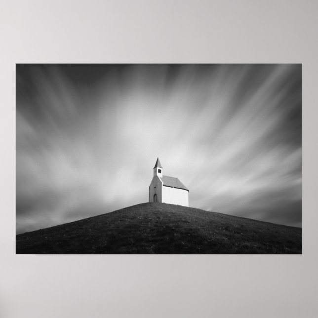 Poster Igreja numa colina em preto e branco (Frente)