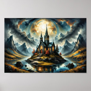 Poster Igreja sonhadora numa montanha à beira de um lago