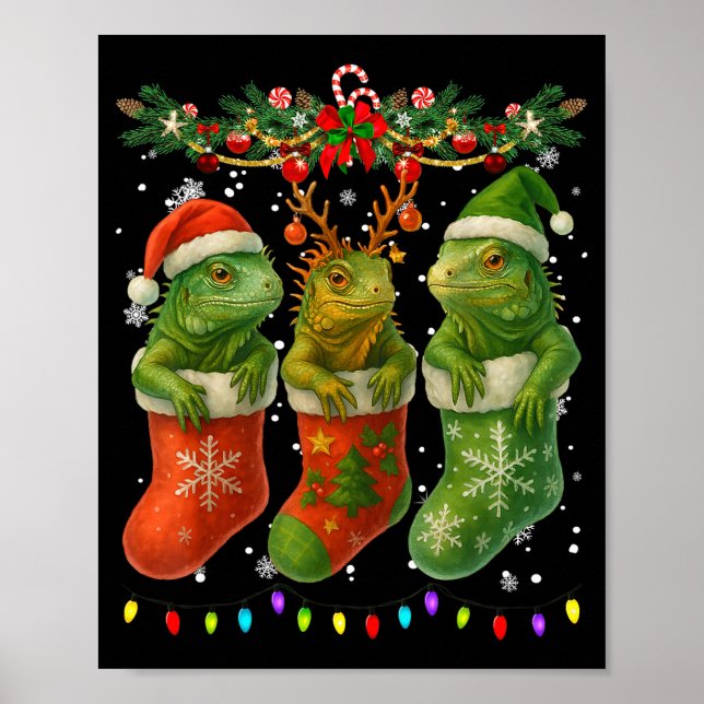 Poster Iguanas In Christmas Socks Lights Iguanas Xmas  (Frente)