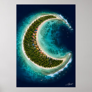 Poster Ilha da Lua Crescente com Vista de Satélite de Sur