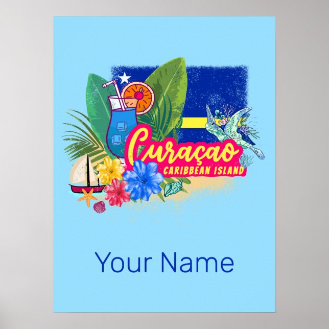 Poster Ilha de caribe Retro Curacao com vinheta de tartar (Frente)