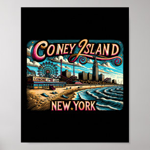 Poster Ilha de Coney Nova York Viagem Férias de Verão Fam