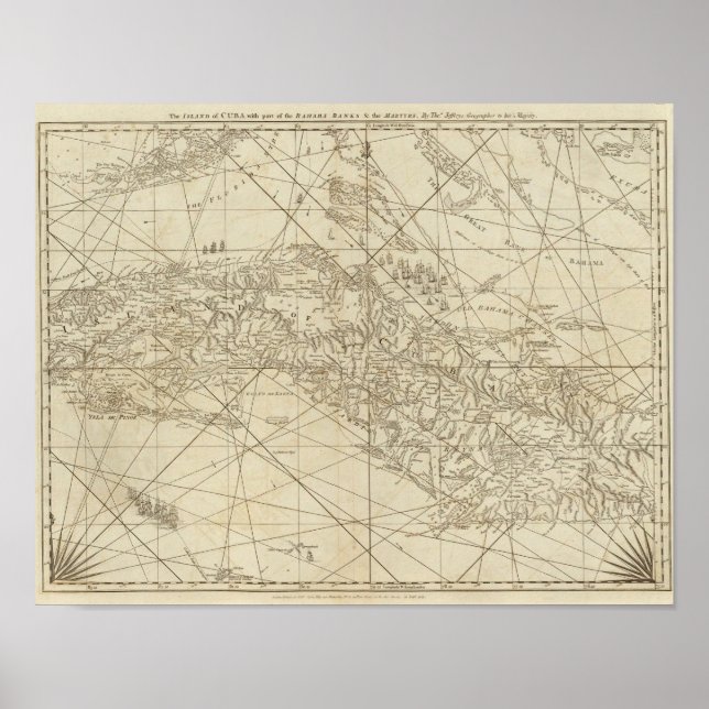 Pôster Ilha de Cuba com parte dos bancos do Bahama (Frente)