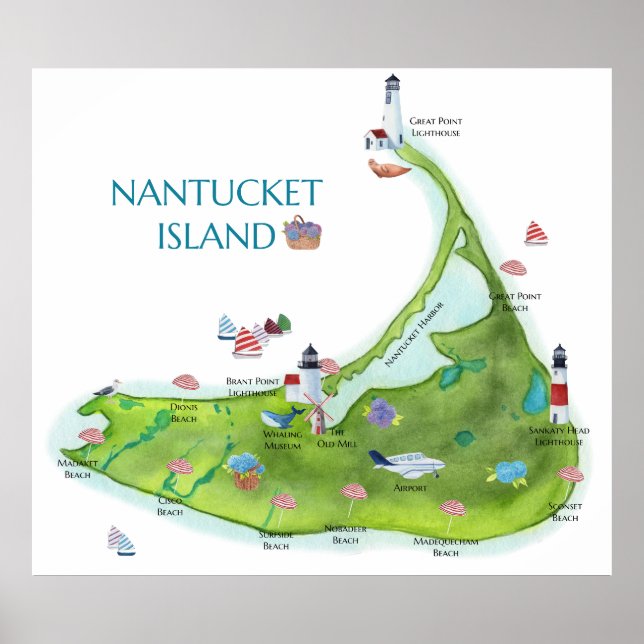 Poster Ilha de Nantucket Pintada à Mão (Frente)