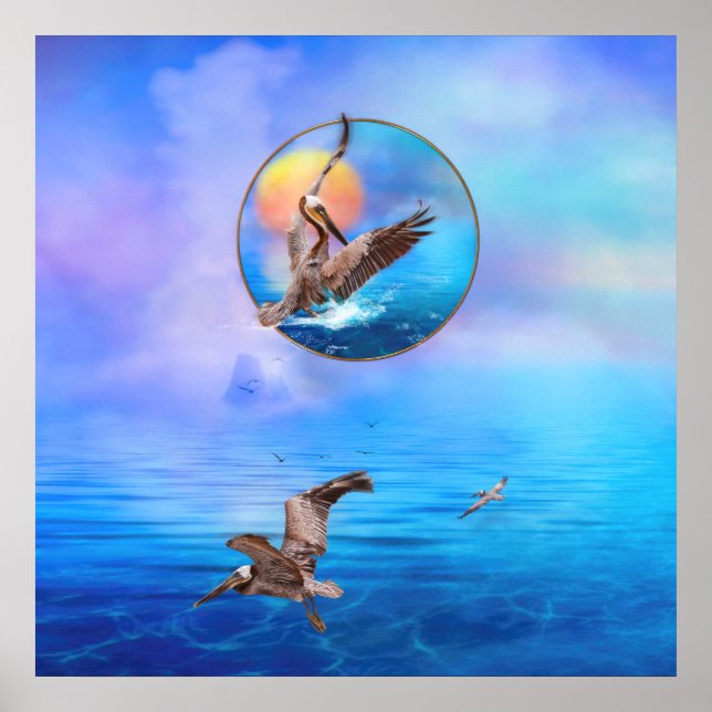 Poster ILHA DE PELICANOS BEIJADOS PELICANOS castanhos SUN (Frente)