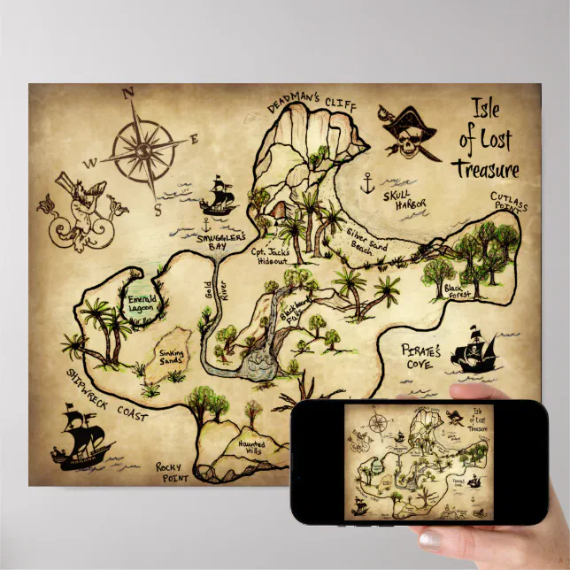 Pôster Ilha do Mapa do tesouro perdido com Jolly Roger