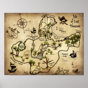 Pôster Ilha do Mapa do tesouro perdido com Jolly Roger