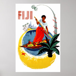Poster Ilha Fiji, homem em um pequeno barco