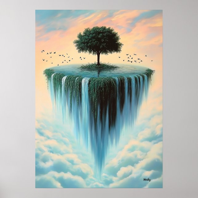 Poster Ilha Flutuante com Árvore e Cachoeiras – Surreal (Frente)