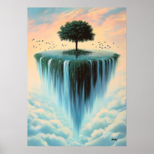 Poster Ilha Flutuante com Árvore e Cachoeiras – Surrealis
