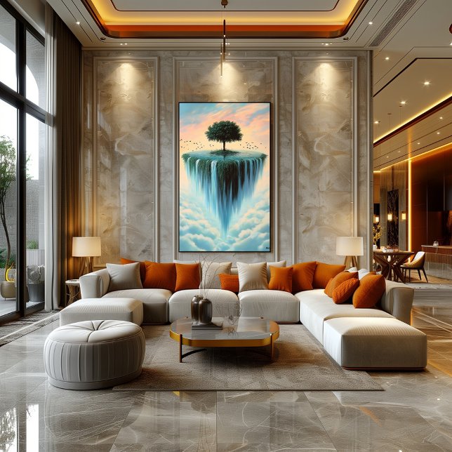 Poster Ilha Flutuante com Árvore e Quedas de Água - Surre (Criador carregado)