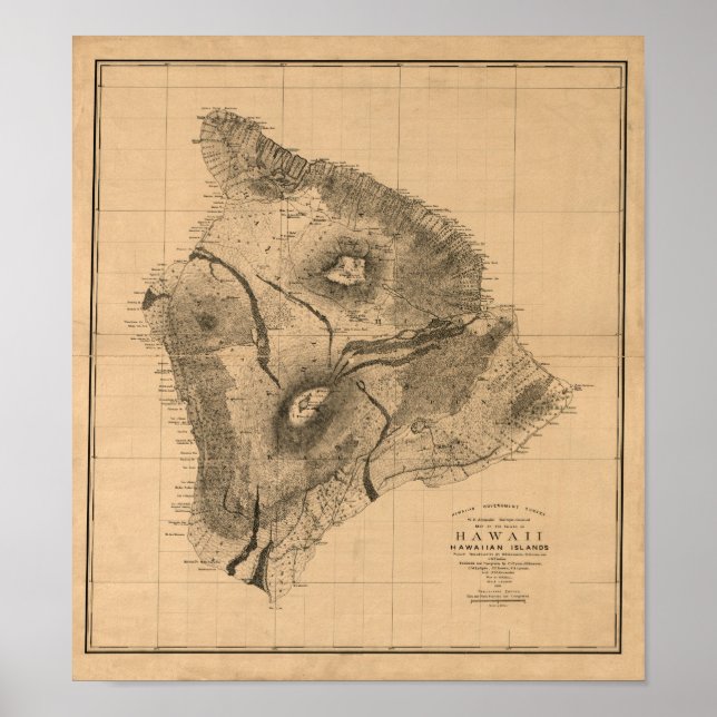 Poster Ilha Hawaii, 1886, Mapa Vintage Havaiano (Frente)
