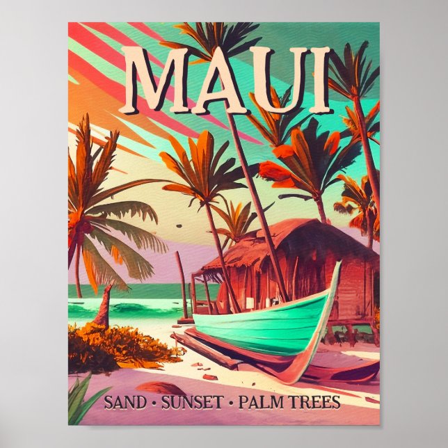 Poster Ilha Maui Palmeira tropical do Havaí anos 60 (Frente)