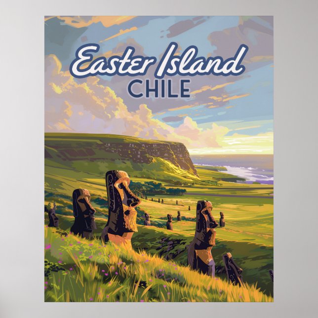 Poster Ilha páscoa Chile Moai Rapa Nui Polinésia Retro (Frente)