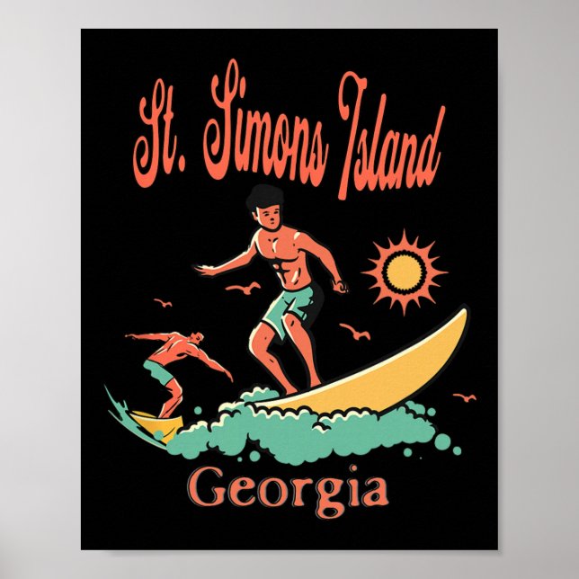 Poster Ilha St. Simons Geórgia Surfista Surfe Pescaria (Frente)