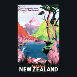 Poster Ilha Sul Nova Zelândia<br><div class="desc">A Ilha do Sul da Nova Zelândia. Uma visão de montanha,  um lago e pessoas acampando na costa. Uma cópia colorida restaurada.</div>