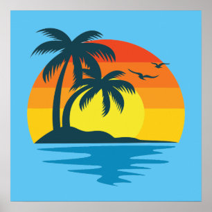 Poster Ilha Sunset Tropical Beach Palm Tree Ocean