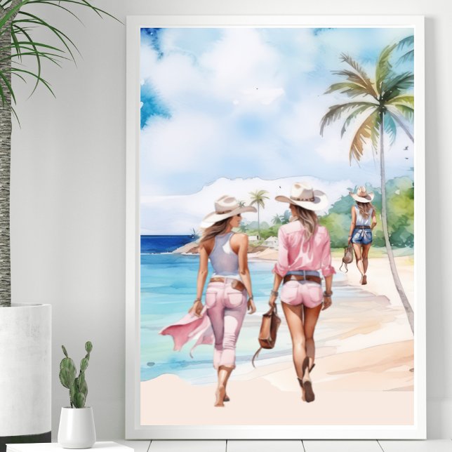 Poster Ilha Tropical de Cowgirl Costeira Rosa (Criador carregado)