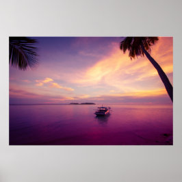 Poster Ilha tropical no pôr do sol com um barco