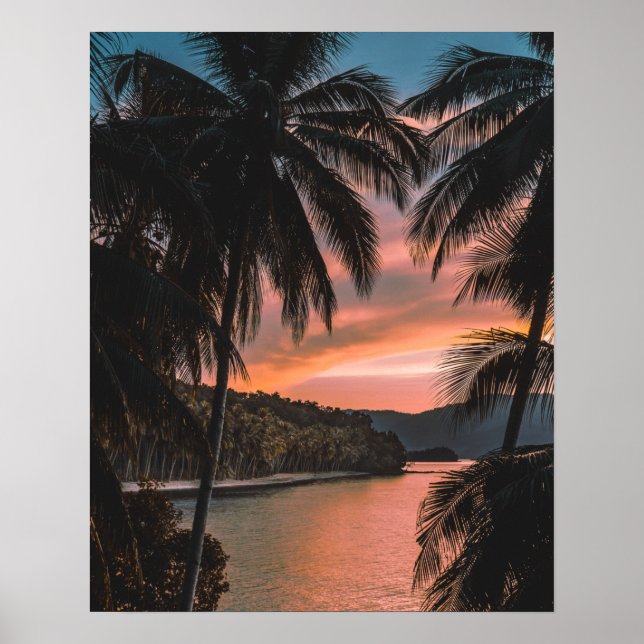 Poster Ilha Tropical Noite Palm Tree Sunset (Frente)