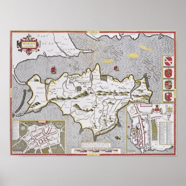 Pôster Ilha Wight, gravada por Jodocus Hondius (Frente)