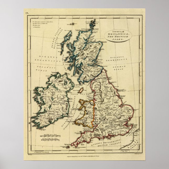 Poster Ilhas Britânicas com limites delineados (Frente)