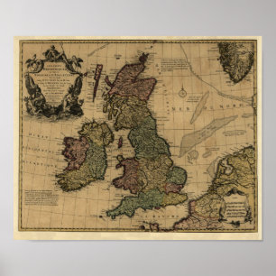 Pôster Ilhas Britanniques de Les, mapa 1700's -